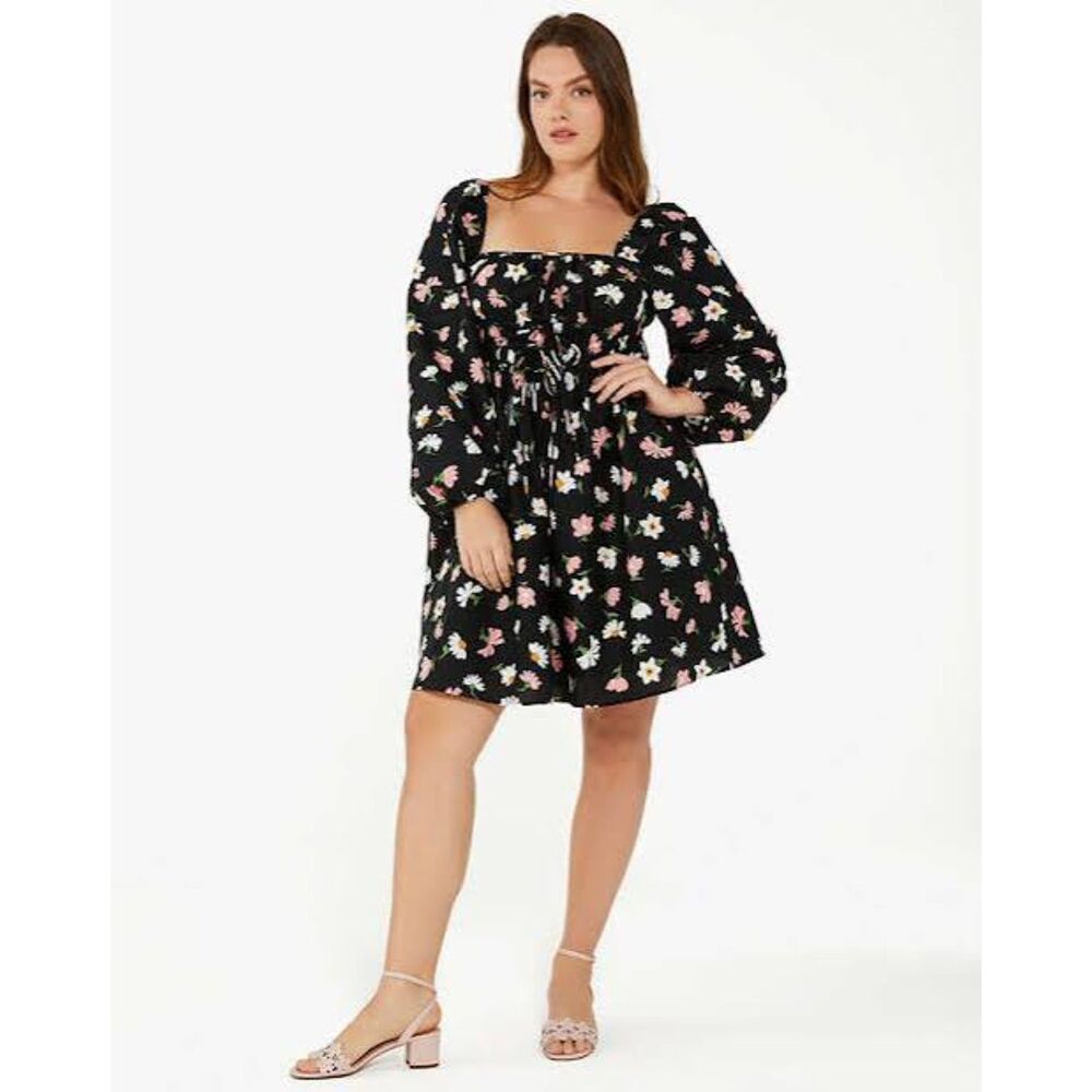 Kate Spade Floral Waltz Square Neck Mini Dress Black Pink XL